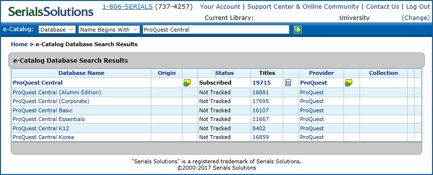 Serials Solutions e-Catalog List
