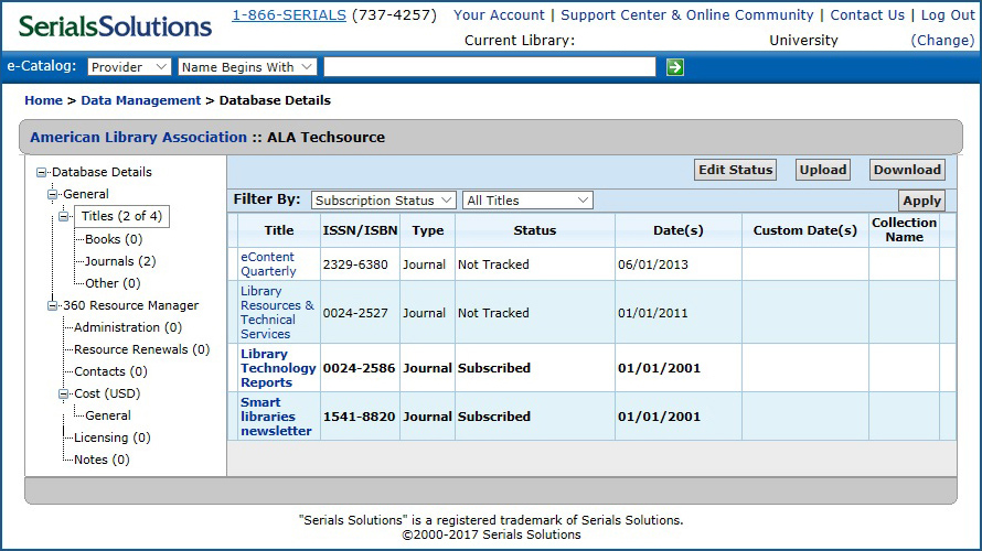 Serials Solutions e-Catalog Titles
